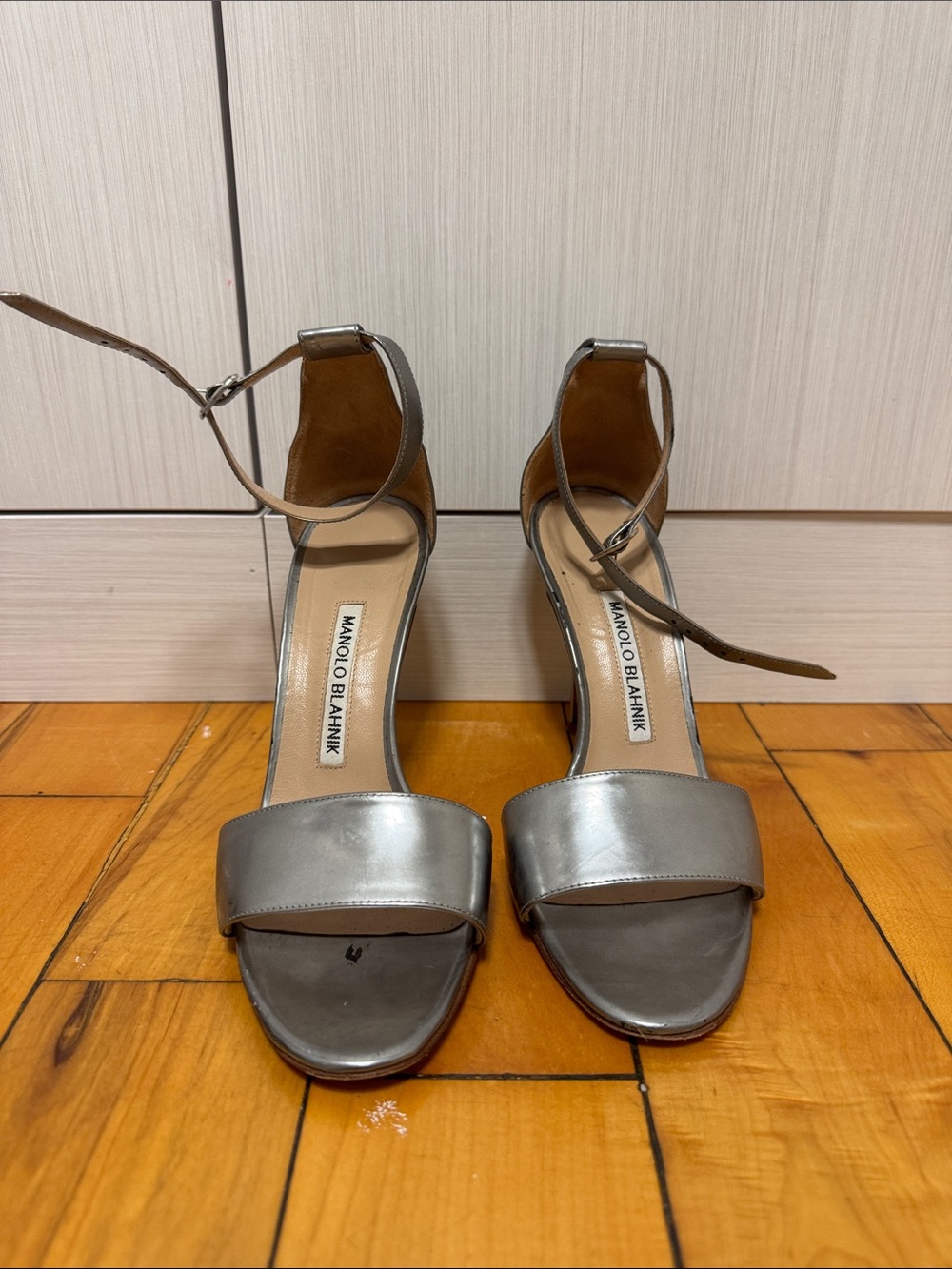 Manolo Blahnik Metallic Silver Open-Toe Ankle-Strap Heels